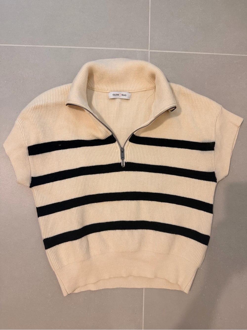 Cream Half-Zip Short Sleeve Stripe Sweater